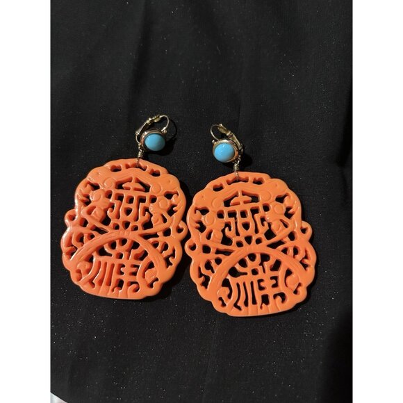 VTG Kenneth Jay Lane Designer Earrings SATC Movie Asian Coral Turquoise Goldtone - Picture 6 of 11
